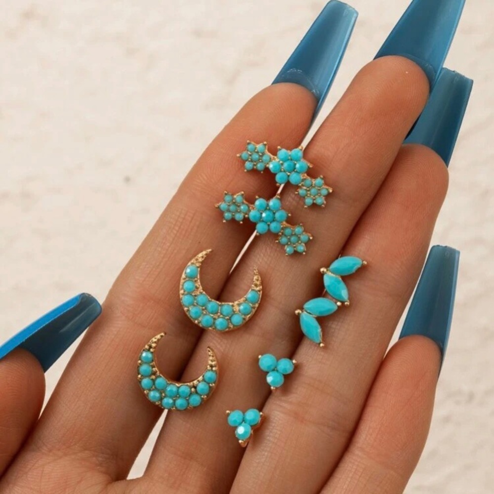4 Piece Boho Gold & Turquoise Moon Earrings